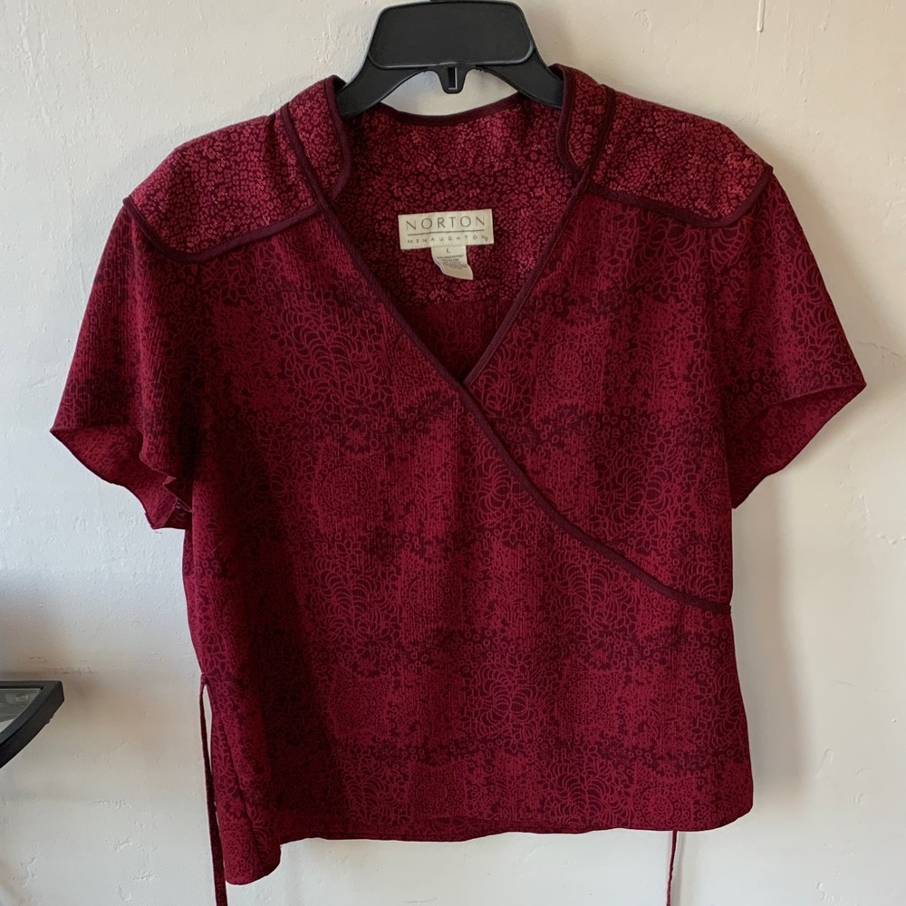 Norton McNaughton Deep Red Wrap Blouse Kimono style neckline
